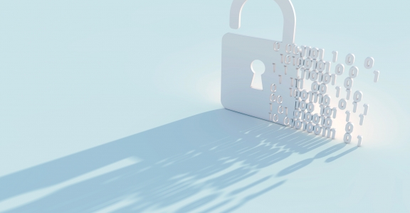A 3D render of a padlock with binary data code. Digital and online security concept.
